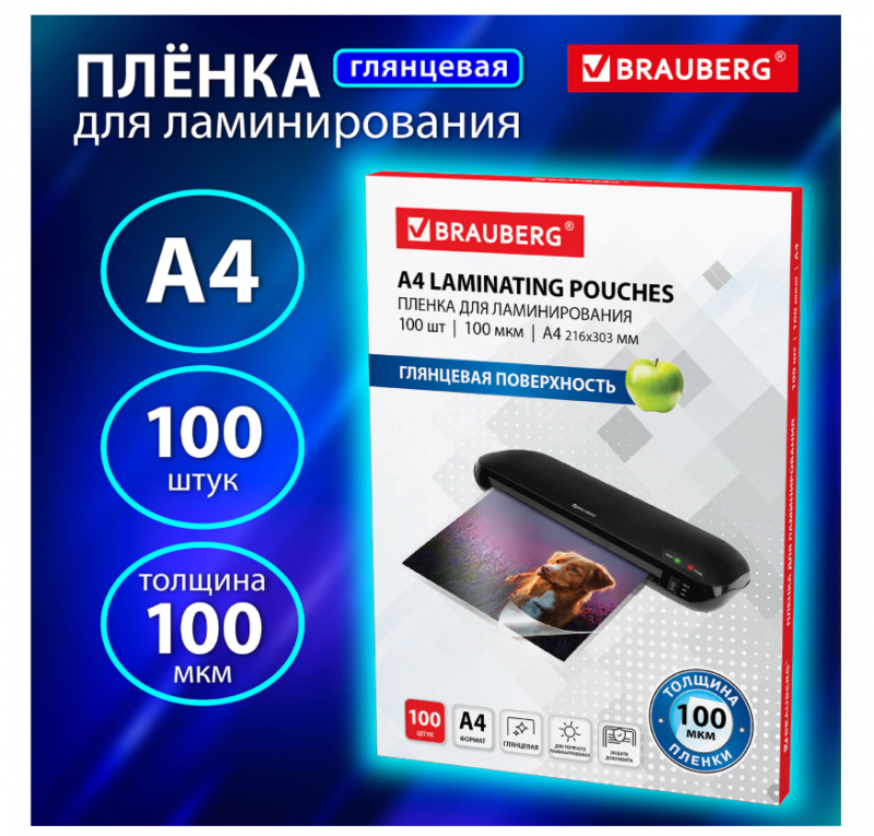 Пленки-заготовки д/ламинирования А4, КОМПЛЕКТ 100шт, 100 мкм, BRAUBERG, 530801