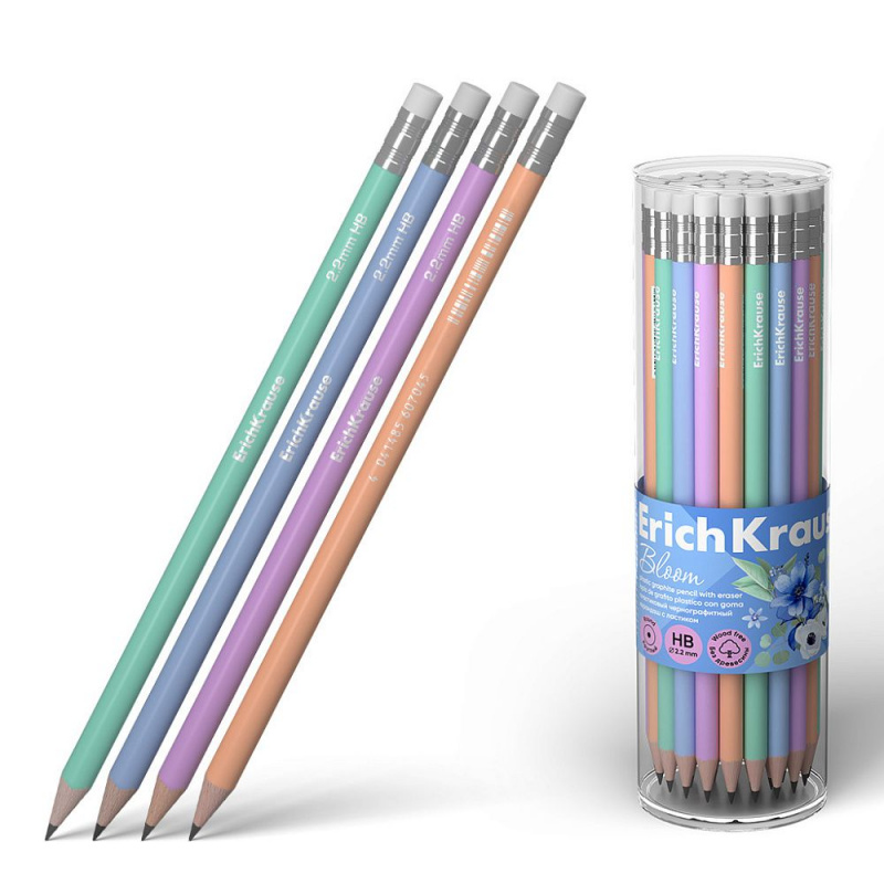 Чернографитный карандаш пластиковый ErichKrause JOY® Pastel Bloom, круглый, с ластиком, HB (в тубусе