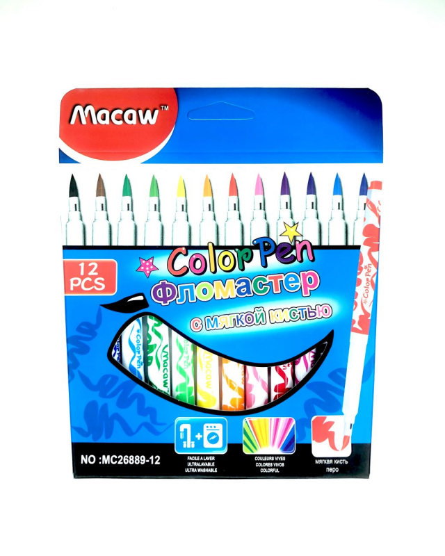 Фломастеры-кисточки MACAW 12цв.смываемые KZ26889-12