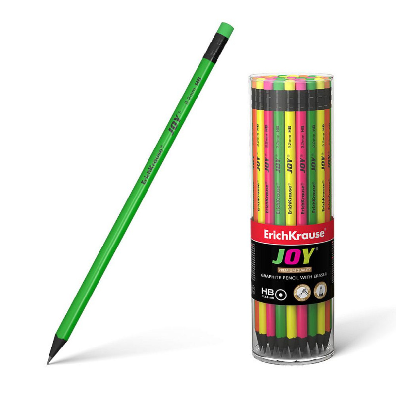 Чернографитный карандаш пластиковый ErichKrause JOY® Neon, круглый, с ластиком, HB (в тубусе по 42 ш