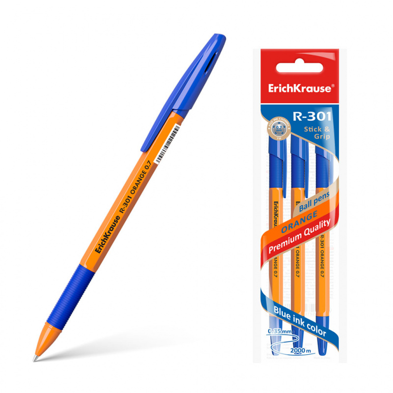 Ручка шариковая ErichKrause® R-301 Orange Stick&Grip 0.7, цвет чернил синий (в пакете по 3 шт.) Ручка шариковая ErichKrause® R-301 Orange Stick&Grip 0.7, цвет чернил синий (в пакете по 3 шт.)