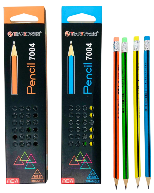 Карандаш чернографитный Tianbowen Neon, HB, с ластиком, трехграный, арт. TB-7004