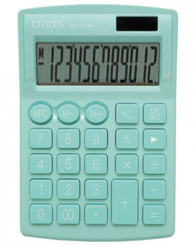 Калькулятор настольный Citizen SDC-812NR-GN, 12 разрядов, двойное питание, 102*124*25мм, бирюзовый