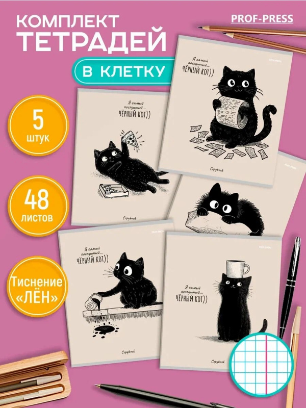 Тетрадь КЛЕТКА 48л. ПОСЛУШНЫЙ ЧЁРНЫЙ КОТ (48-4334) (цветная мелов. обл., лён)