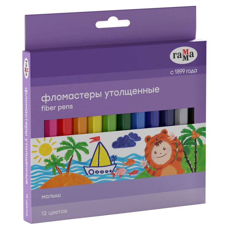 Фломастеры Гамма "Малыш", 12цв., утолщенные, смываемые, картон. упак., европодвес Фломастеры Гамма "Малыш", 12цв., утолщенные, смываемые, картон. упак., европодвес
