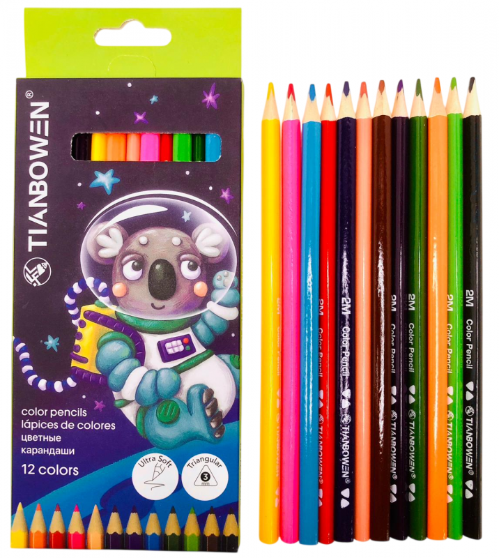 Карандаши цветные 12 цв., Tianbowen Space Animal, трехгранные, арт. TB-6032-12