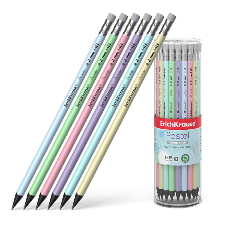 Чернографитный карандаш пластиковый ErichKrause JOY® Pastel, круглый, с ластиком, HB (в тубусе по 42