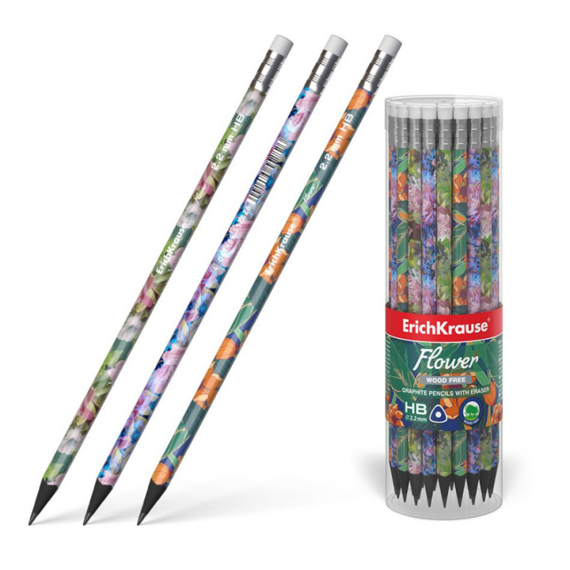 Чернографитный карандаш пластиковый ErichKrause Flower, трехгранный, с ластиком, HB (в тубусе по 42 Чернографитный карандаш пластиковый ErichKrause Flower, трехгранный, с ластиком, HB (в тубусе по 42