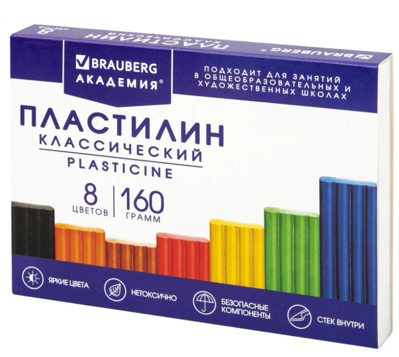 Пластилин классический BRAUBERG "АКАДЕМИЯ КЛАССИЧЕСКАЯ", 8 цв., 160 г, стек, ВЫСШЕЕ КАЧЕСТВО, 106500