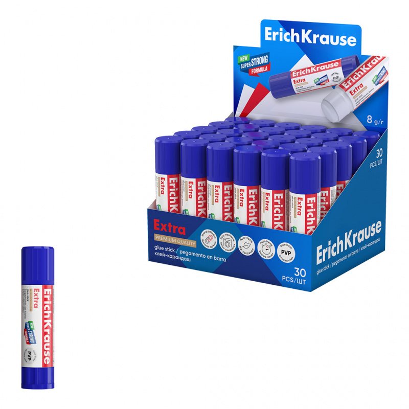 Клей-карандаш ErichKrause® Extra, 8г (в коробке-дисплее по 30 шт.) Клей-карандаш ErichKrause® Extra, 8г (в коробке-дисплее по 30 шт.)
