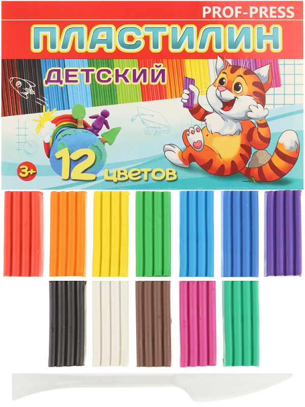 Пластилин 12 цв. (ПЛ-8596), 180г. к/к, стек