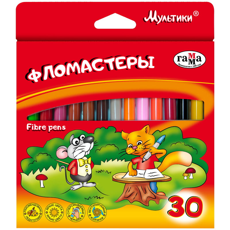Фломастеры Гамма "Мультики", 30цв., смываемые, картон. упак., европодвес