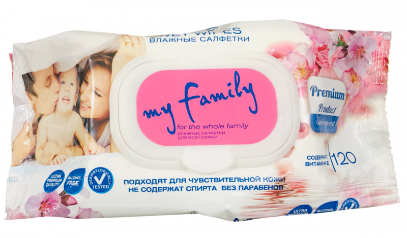 Влажные салфетки 120шт Делюкс My Family с витамином Е/16шт в кор. Влажные салфетки 120шт Делюкс My Family с витамином Е/16шт в кор.