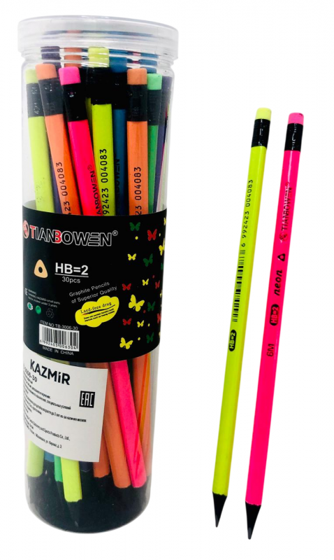 Карандаш чернографитный Tianbowen Neon, HB, в тубусе, с ластиком, трехграный, арт. TB-3006-30