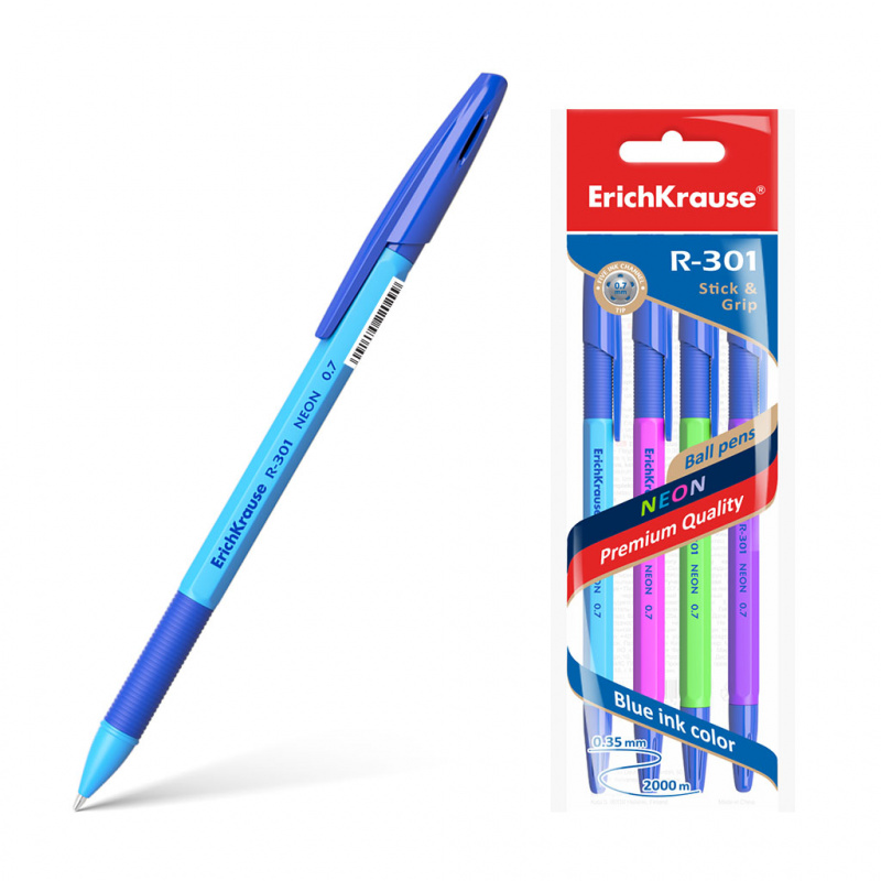 Ручка шариковая ErichKrause® R-301 Neon Stick&Grip 0.7, цвет чернил синий (в пакете по 4 шт.) Ручка шариковая ErichKrause® R-301 Neon Stick&Grip 0.7, цвет чернил синий (в пакете по 4 шт.)