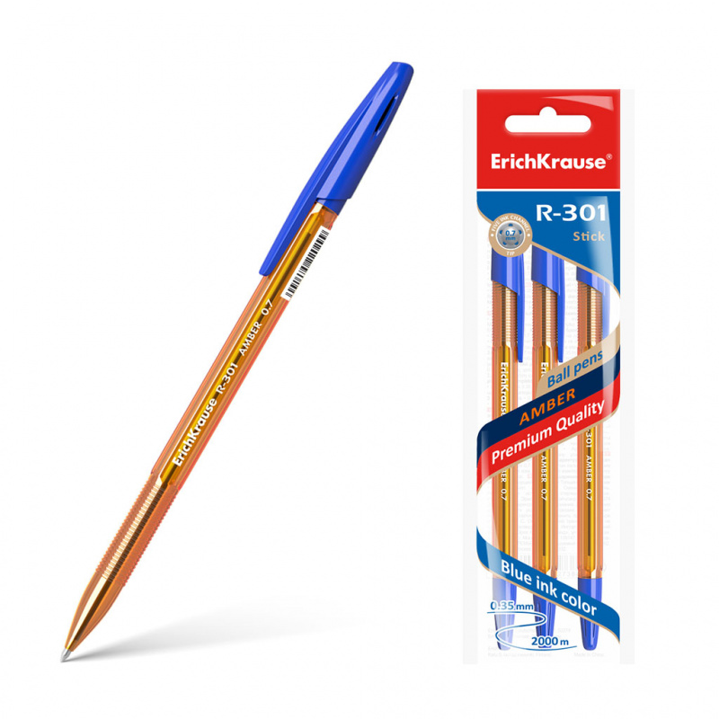 Ручка шариковая ErichKrause® R-301 Amber Stick 0.7, цвет чернил синий (в пакете по 3 шт.) Ручка шариковая ErichKrause® R-301 Amber Stick 0.7, цвет чернил синий (в пакете по 3 шт.)