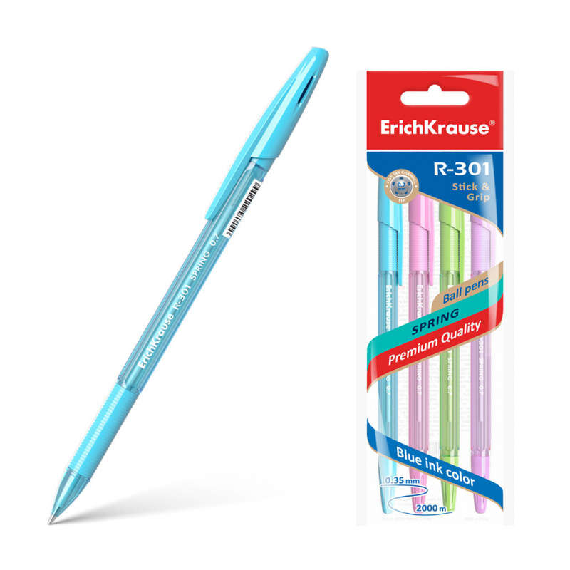 Ручка шариковая ErichKrause® R-301 Spring Stick&Grip 0.7, цвет чернил синий (в пакете по 4 шт.) Ручка шариковая ErichKrause® R-301 Spring Stick&Grip 0.7, цвет чернил синий (в пакете по 4 шт.)