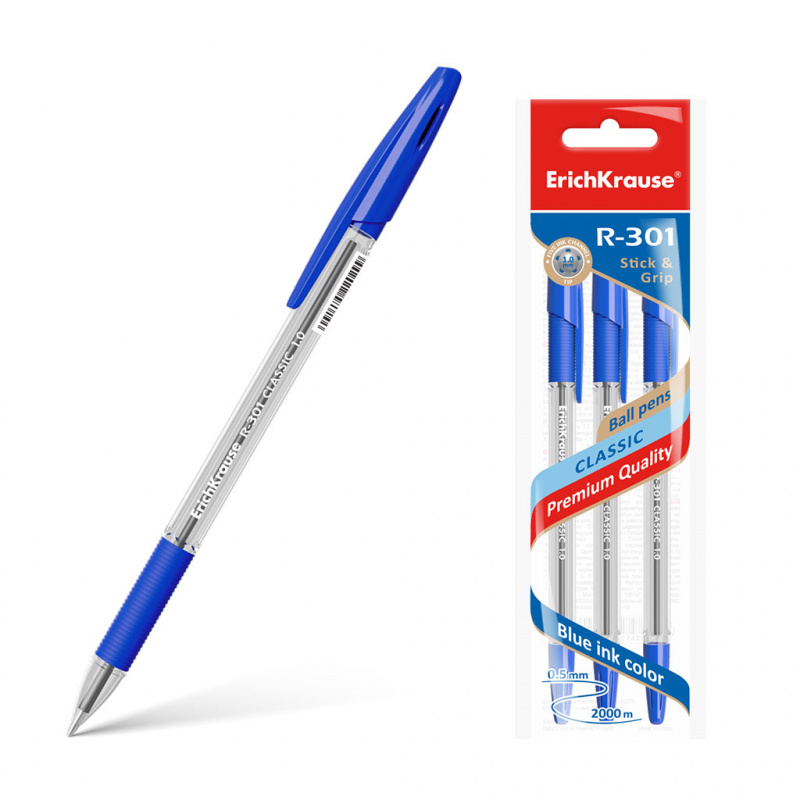 Ручка шариковая ErichKrause® R-301 Classic Stick&Grip 1.0, цвет чернил синий (в пакете по 3 шт.) Ручка шариковая ErichKrause® R-301 Classic Stick&Grip 1.0, цвет чернил синий (в пакете по 3 шт.)