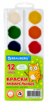 Краски акварельные BRAUBERG 12 цветов "Кот-Энтузиаст", медовые, круглые кюветы, 192553