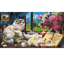 Холст с красками 40х50 см по номерам. (24цв.) КОТЯТА НА СТОЛЕ У КНИГ. Арт. Х-9213