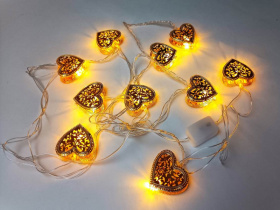 Гирлянда светодиодная золотая "Сердечки", LED, 10 ламп, 2,5 метра